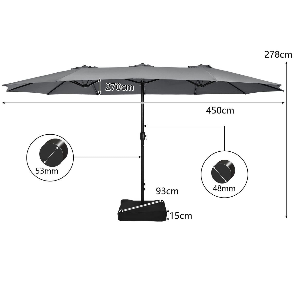 15 Feet Double-Sided Twin Patio Umbrella with Crank and Base Coffee in Outdoor Market-Gray