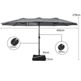 15 Feet Double-Sided Twin Patio Umbrella with Crank and Base Coffee in Outdoor Market-Gray