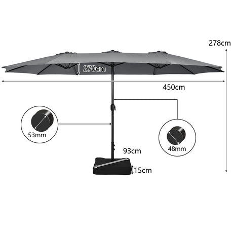 15 Feet Double-Sided Twin Patio Umbrella with Crank and Base Coffee in Outdoor Market-Gray