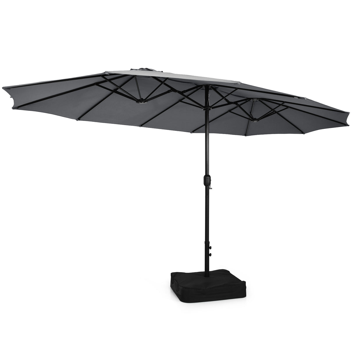 15 Feet Double-Sided Twin Patio Umbrella with Crank and Base Coffee in Outdoor Market-Gray