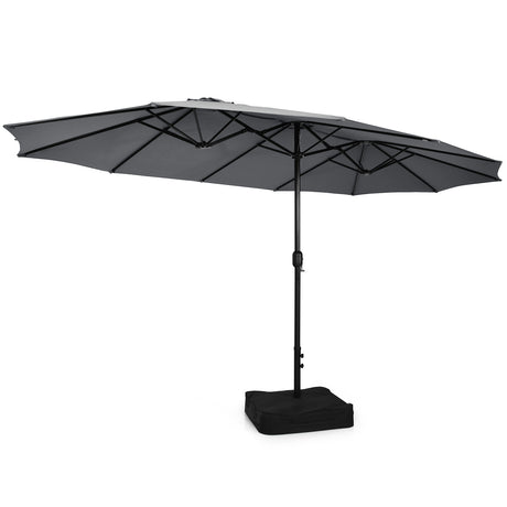 15 Feet Double-Sided Twin Patio Umbrella with Crank and Base Coffee in Outdoor Market-Gray