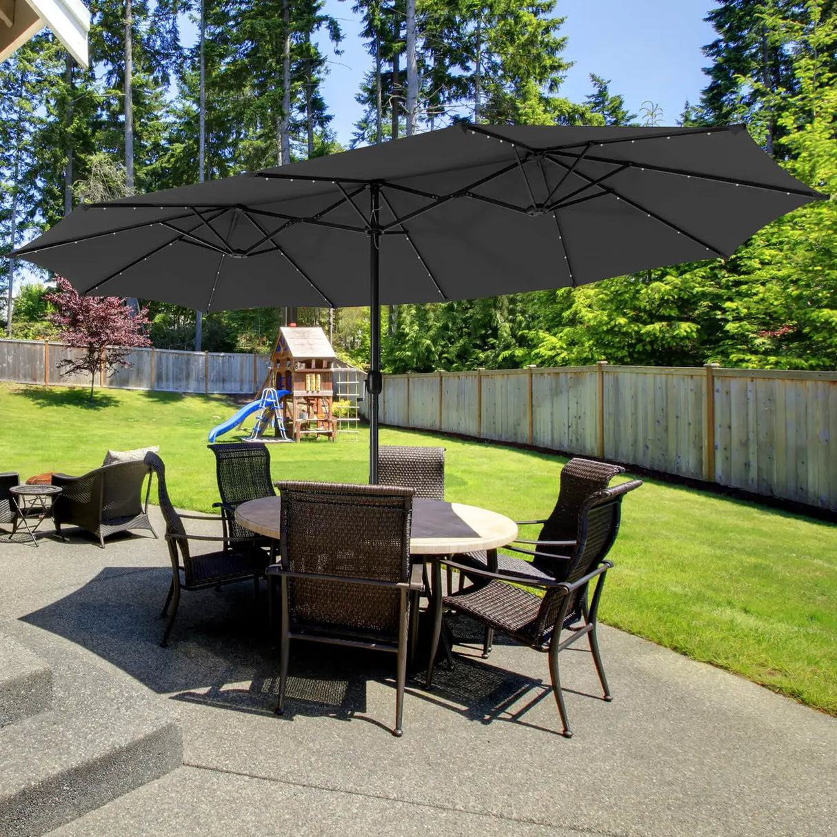 15 Feet Double-Sided Patio Umbrella with 48 LED Lights-Gray