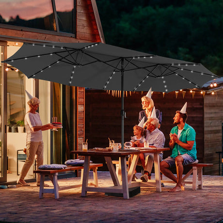 15 Feet Double-Sided Patio Umbrella with 48 LED Lights-Gray