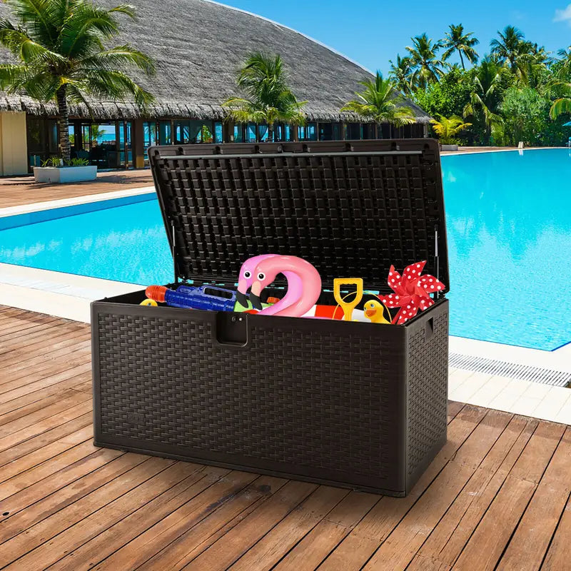 120 Gallon Outdoor Storage Box with Lockable Lid-Brown