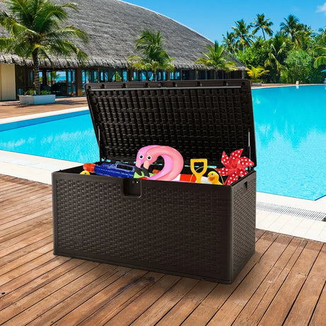 120 Gallon Outdoor Storage Box with Lockable Lid-Brown