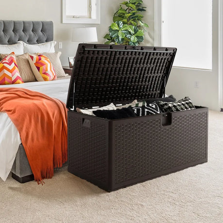 120 Gallon Outdoor Storage Box with Lockable Lid-Brown