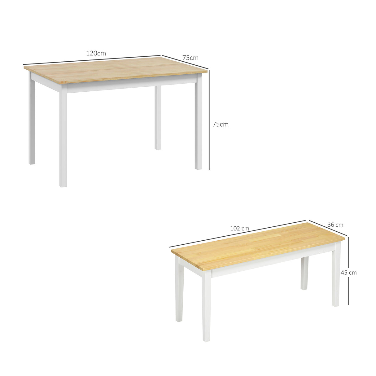 HOMCOM Dining Table and Bench Set, Farmhouse Kitchen Table and Bench with Wooden Frame for Living Room, Dining Room, Natural and White