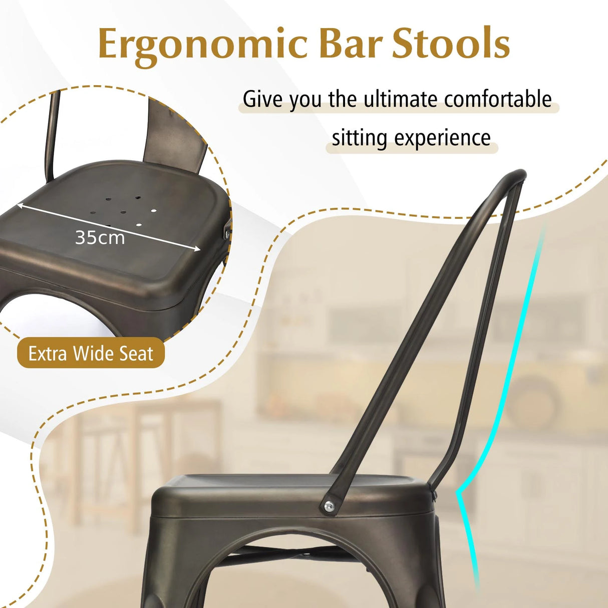 Metal High Back Bar Stools 45cm with Removable Backrest-Gun-Set of 4