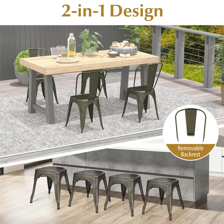 Metal High Back Bar Stools 45cm with Removable Backrest-Gun-Set of 4