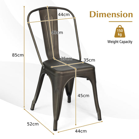 Metal High Back Bar Stools 45cm with Removable Backrest-Gun-Set of 4