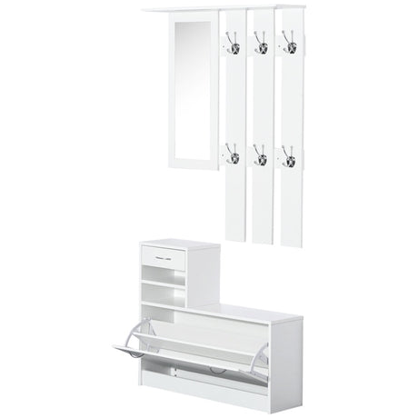 HOMCOM 2PC Shoes Storage Chest Cloths Rack Unit w/Mirror Multiple Shelves Large Storage Capacity Shoes Cabinet 6 Hooks Cloth Rack White