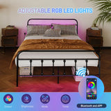 HOMCOM Double Bed Frame with LED Lights and Charging Station, Metal Platform Bed Frame with Under Bed Storage, Black
