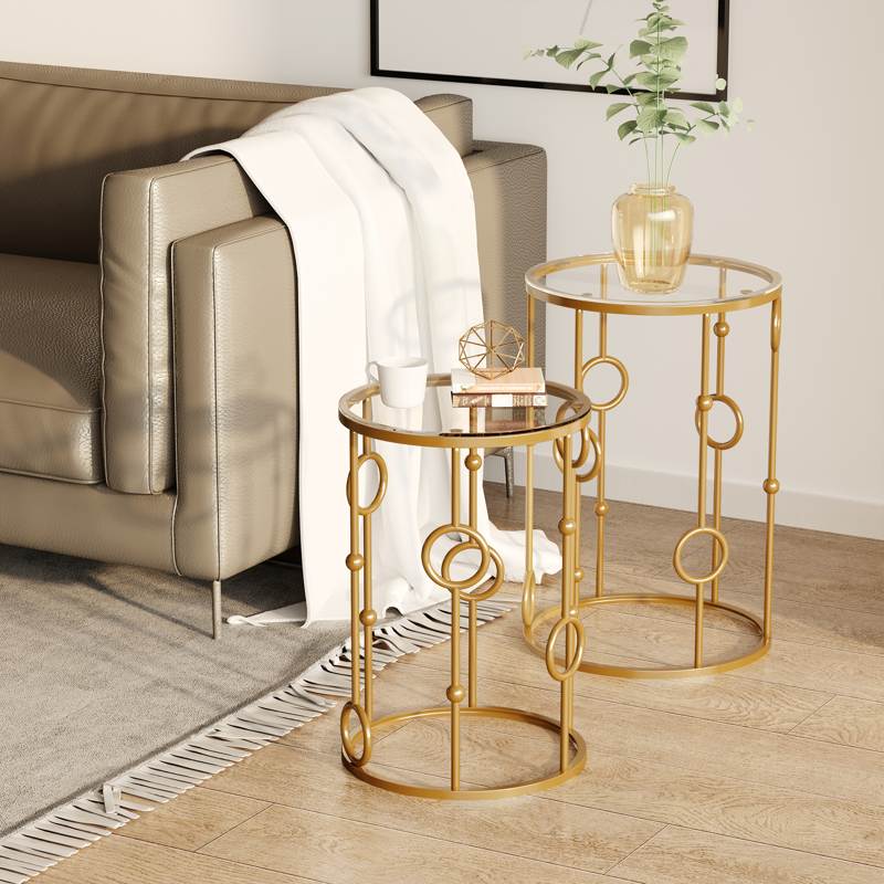 HOMCOM Round Coffee Tables Set of 2, Gold Nesting Side End Tables with Tempered Glass Top, Steel Frame for Living Room, Gold