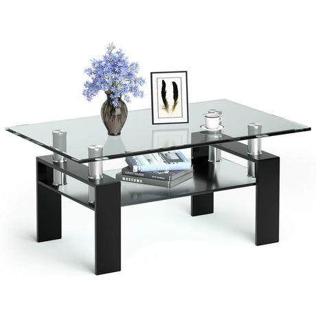 Rectangle Glass Coffee Table with Metal Legs for Living Room-Black