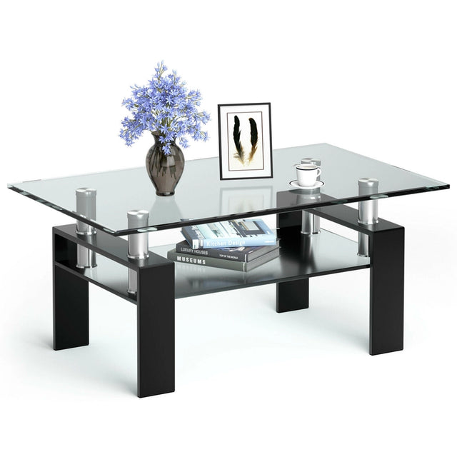 Rectangle Glass Coffee Table with Metal Legs for Living Room-Black