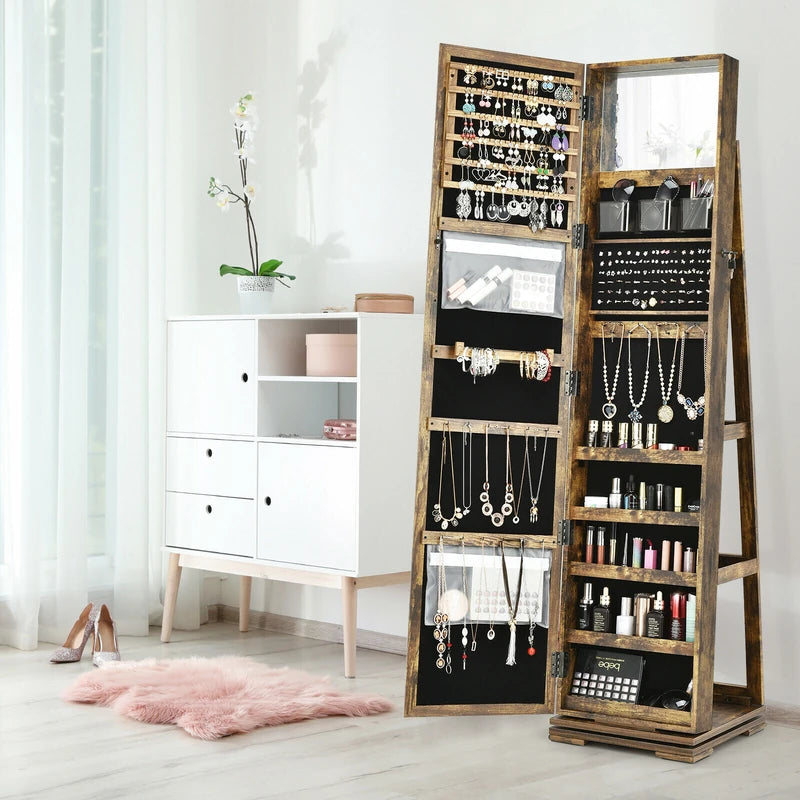 Full Length Mirrored Jewellery Cabinet Rotates 360 with Open Display Shelves-Brown-Coffee