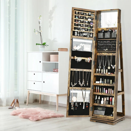 Full Length Mirrored Jewellery Cabinet Rotates 360 with Open Display Shelves-Brown-Coffee
