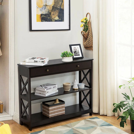 Console Table 3-Tier with Drawer and Storage Shelves-Dark Brown
