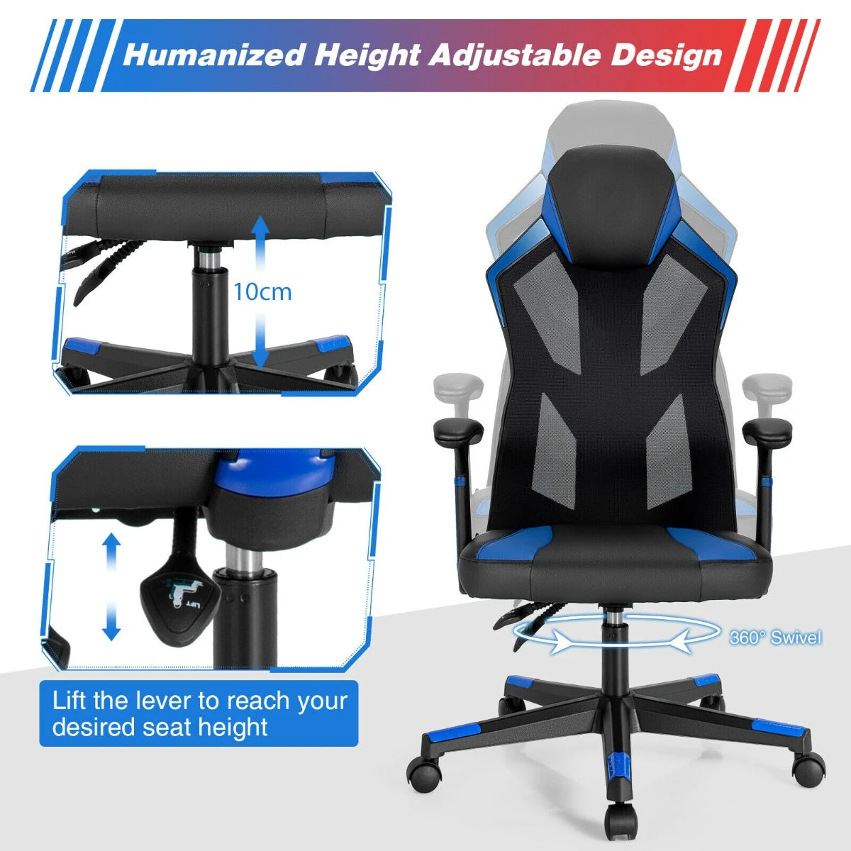 Gaming Chair with Adjustable Mesh Back-Blue
