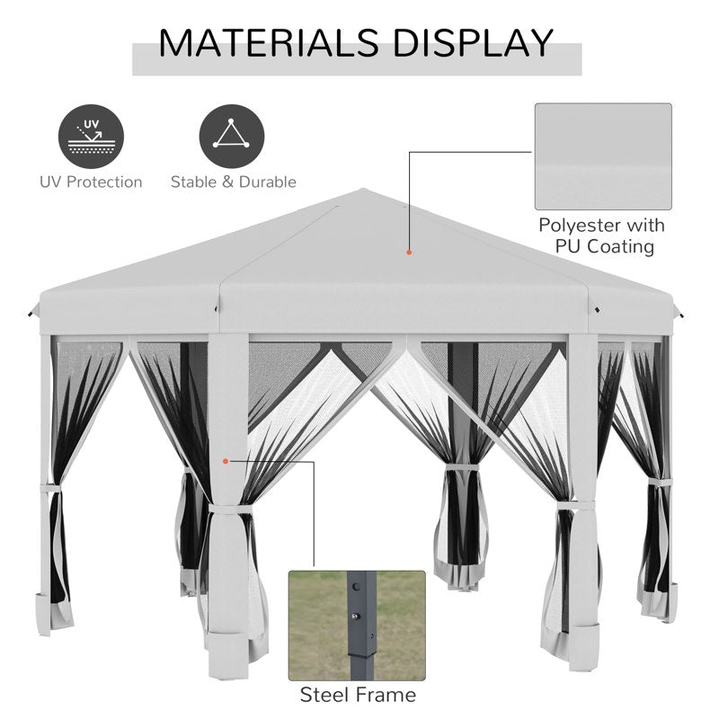 Outsunny 3.2m Pop Up Gazebo Hexagonal Canopy Tent Outdoor Sun Protection with Mesh Sidewalls, Handy Bag, Light Grey