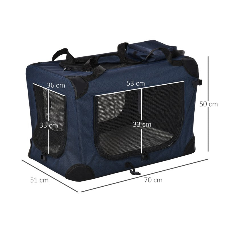 PawHut Foldable Pet Carrier for Small and Miniature Dogs, Portable Cat Carrier Soft Side Pet Travel Crate with Removable Mat, Storage Bags, Breathable Mesh 70 x 51 x 50cm - Dark Blue