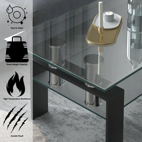 Rectangle Glass Coffee Table with Metal Legs for Living Room-Black