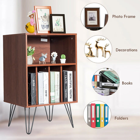 Record Player Stand with 5 Open Compartments for Living Room &amp; Bedroom-Coffee