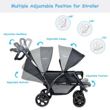 Double Pushchair with Adjustable Backrest and Sunshade-Black