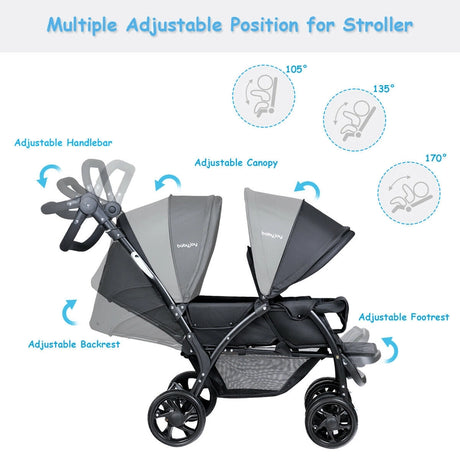 Double Pushchair with Adjustable Backrest and Sunshade-Black