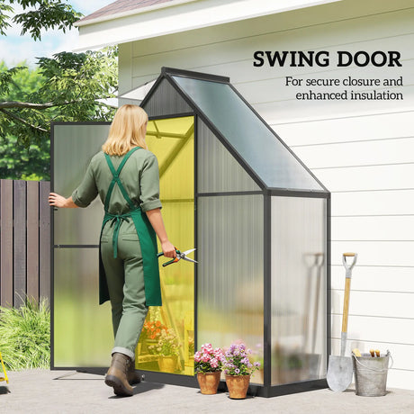 Outsunny Polycarbonate Greenhouse with Swing Door and Adjustable Window, Walk-in Greenhouse, 5.5 x 6.5ft, Black