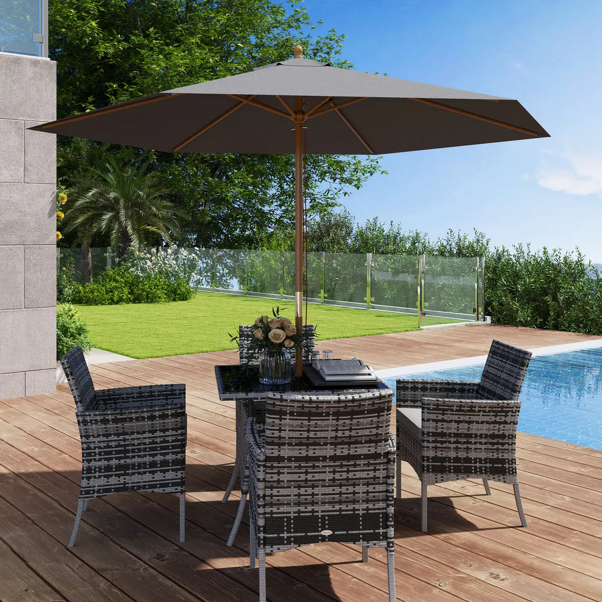 Outsunny 2.5m Wood Garden Parasol Sun Shade Patio Outdoor Wooden Umbrella Canopy, Table Market Umbrella with Vent, 38mm Pole, Rope Pulley Mechanism, Light Grey
