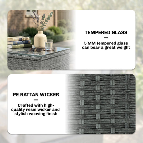 Outsunny 3 Pieces Rattan Bistro Set, Wicker Garden Furniture Set with Metal Frame, Cover, Glass Top Coffee Table, Light Grey
