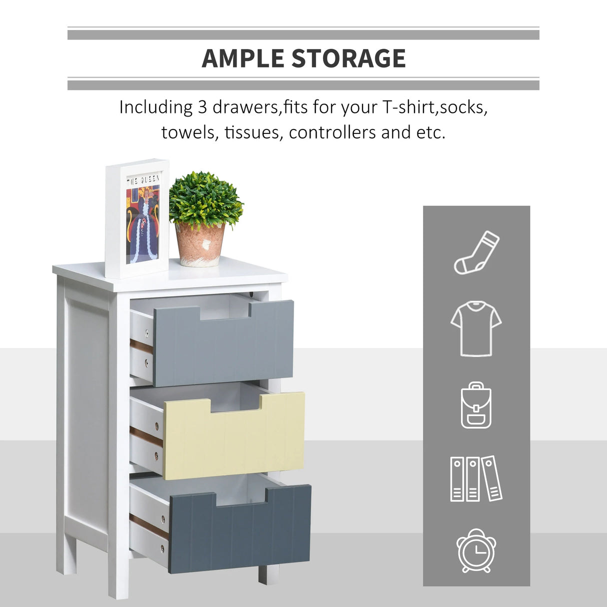 HOMCOM 3 Drawer Storage Tower, Dresser Chest with Wood Top, Organiser Unit for Closets Bedroom Nursery Room Hallway