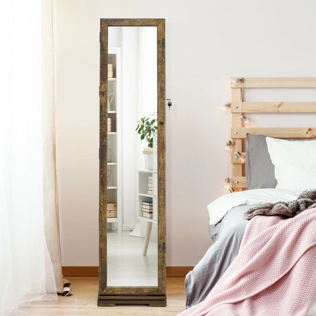 Full Length Mirrored Jewellery Cabinet Rotates 360 with Open Display Shelves-Brown-Coffee