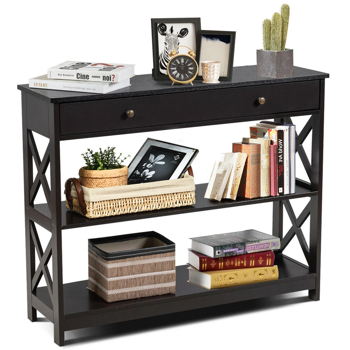 Console Table 3-Tier with Drawer and Storage Shelves-Dark Brown