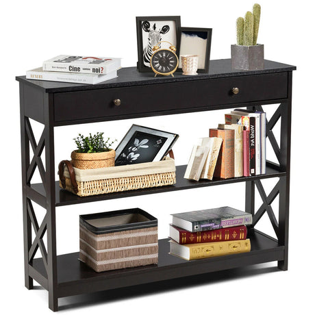 Console Table 3-Tier with Drawer and Storage Shelves-Dark Brown