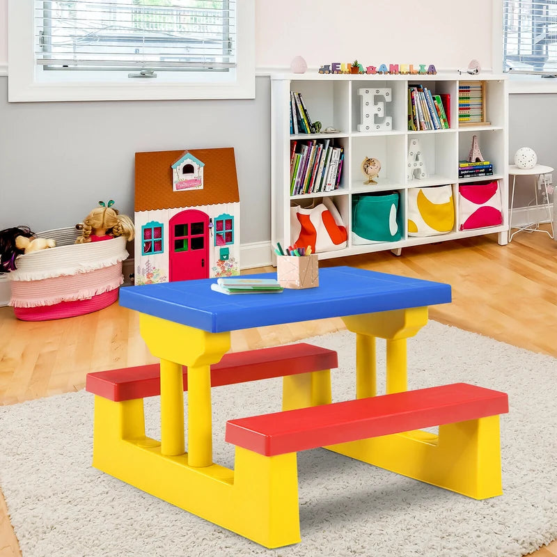 Kids Colorful Picnic Table Set with Removable Umbrella