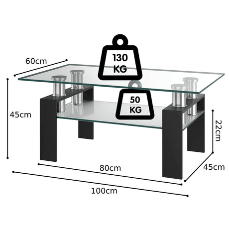 Rectangle Glass Coffee Table with Metal Legs for Living Room-Black