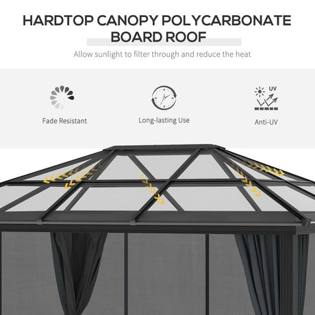 Outsunny 3 x 3.6m Hardtop Gazebo Canopy with Polycarbonate Roof, Aluminium Frame, Permanent Pavilion Garden Gazebo with Netting and Curtains for Patio, Deck, Dark Grey