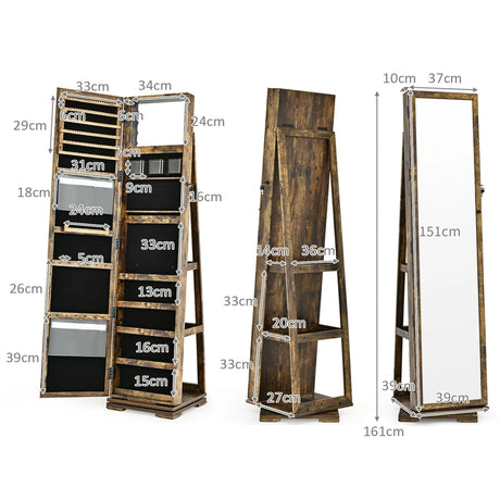 Full Length Mirrored Jewellery Cabinet Rotates 360 with Open Display Shelves-Brown-Coffee