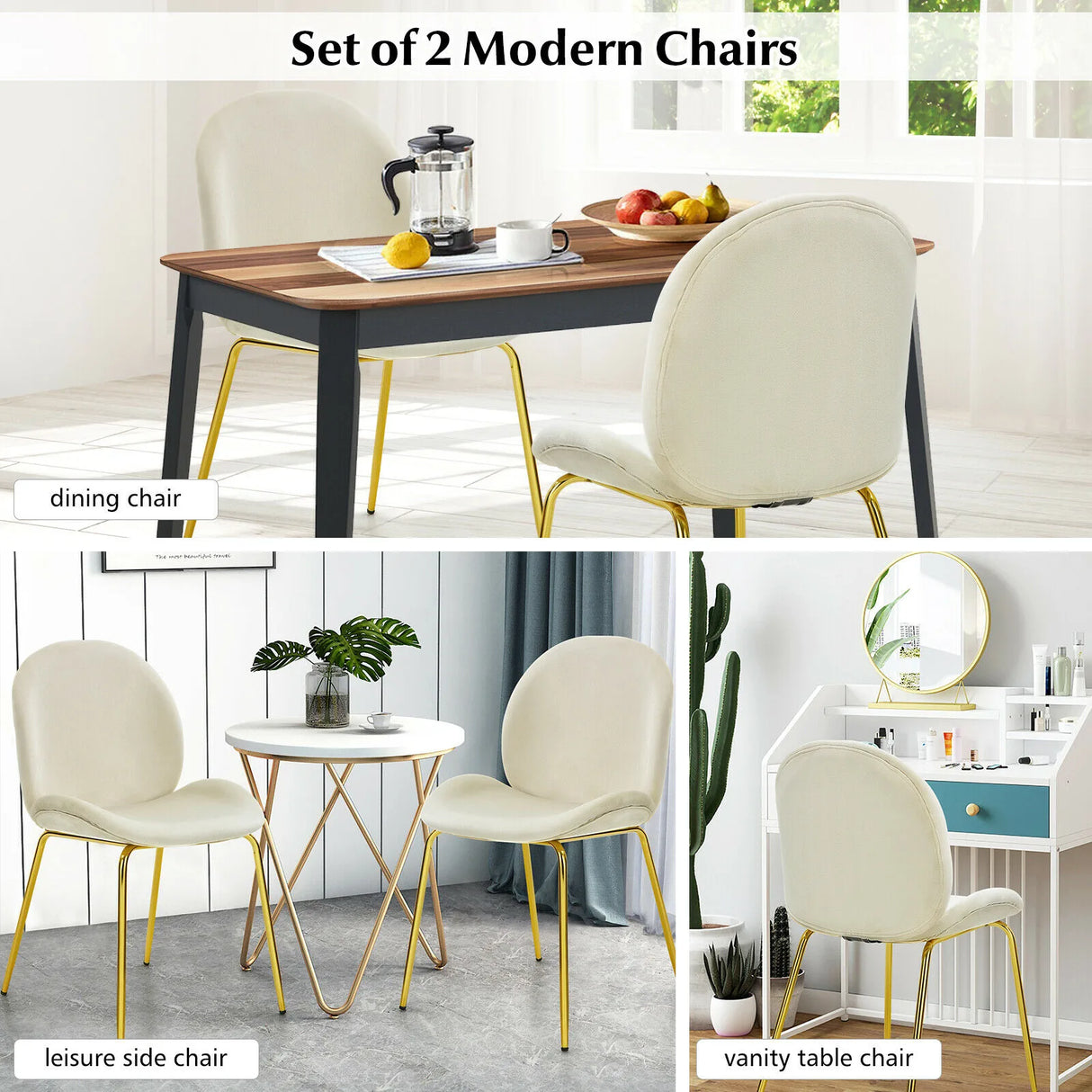 Set of 2 Modern Velvet Dining Chairs with Golden Finished Metal Legs for Kitchen and Dining Room