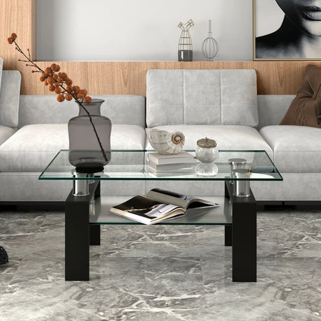 Rectangle Glass Coffee Table with Metal Legs for Living Room-Black