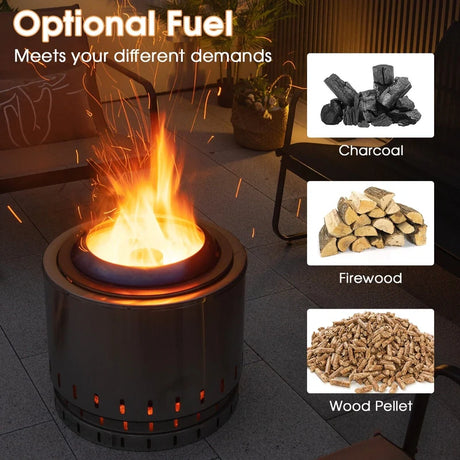 Smokeless Stainless Steel Fire Pit with Ash Pan for Yard Camping-Silver