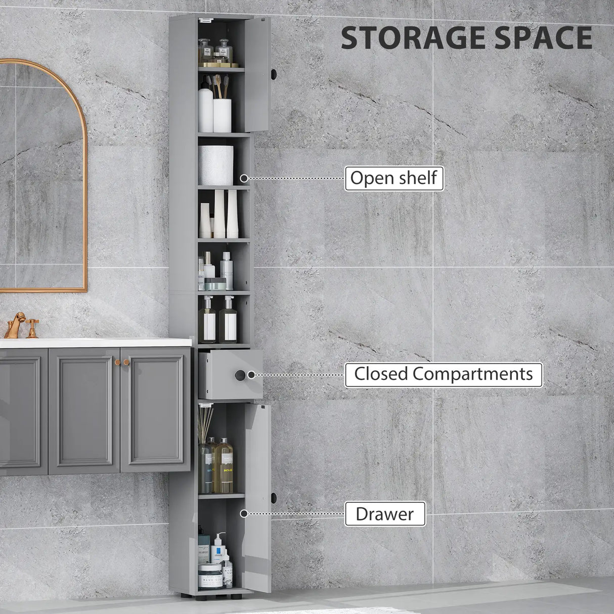 kleankin 180cm Slim Bathroom Cabinet, with Drawer, Shelves and Cupboards - Grey