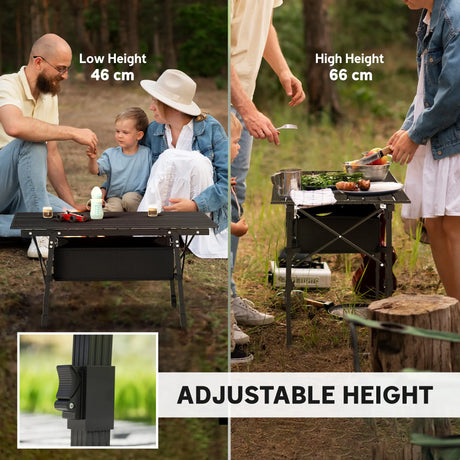 Outsunny Folding Camping Table, 90 x 55 cm Height Adjustable Portable Collapsible Table, 3ft Lightweight Aluminium Rollup Picnic Table with Storage Basket for Outdoor Garden Party BBQ, Black