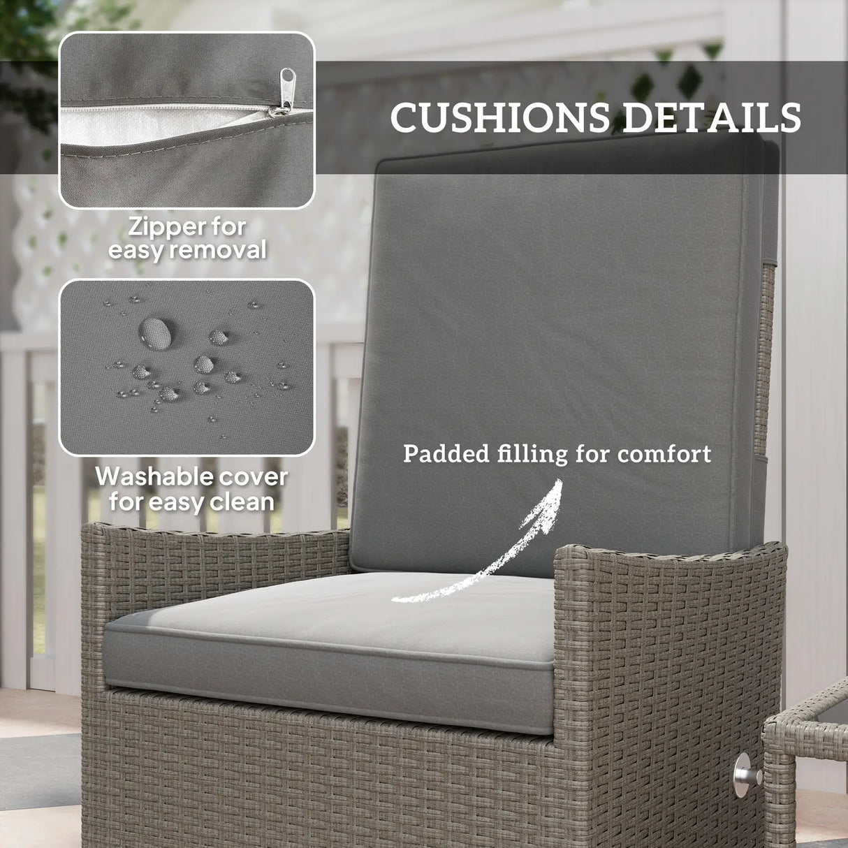 Outsunny 5 Piece Rattan Garden Furniture Set, Wicker Patio Sofa Set with 2 Armchairs, 2 Footstools, Glass Top Coffee Table with Shelf, Outdoor Furniture with Adjustable Backrests, Cushions, Dark Grey