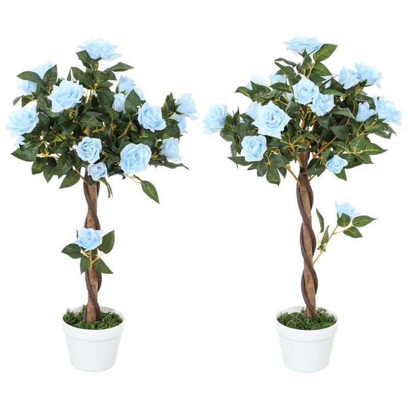 Outsunny Set of 2 Artificial Plants White Rose Floral in Pot, Fake Plants for Home Indoor Outdoor Decor, 90cm, Light Blue