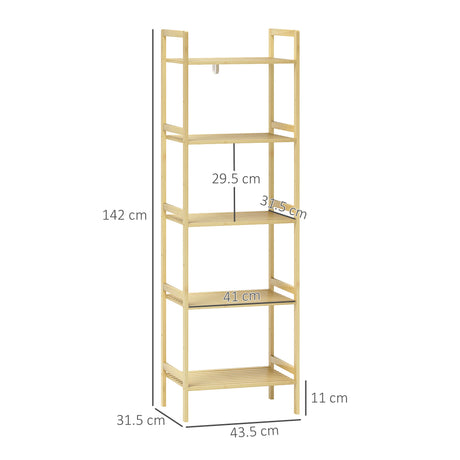 HOMCOM 5-Tier Bamboo Bathroom Storage Shelf, Freestanding Shelving Unit with Adjustable Rack for Kitchen Bathroom Living Room, Natural Wood Finish