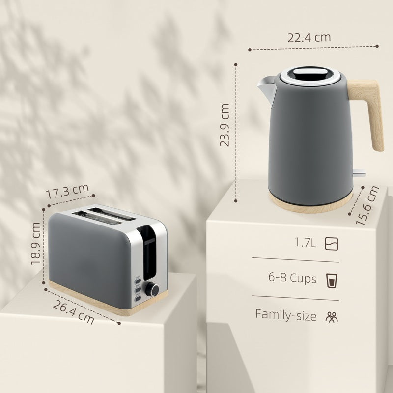 HOMCOM Kettle and Toaster Set, 1.7L 3000W Fast Boil Kettle & 2 Slice Toaster Kitchen Set with 7 Level Browning Controls, Defrost, Reheat, Auto Off, Boil-dry Protection, Grey