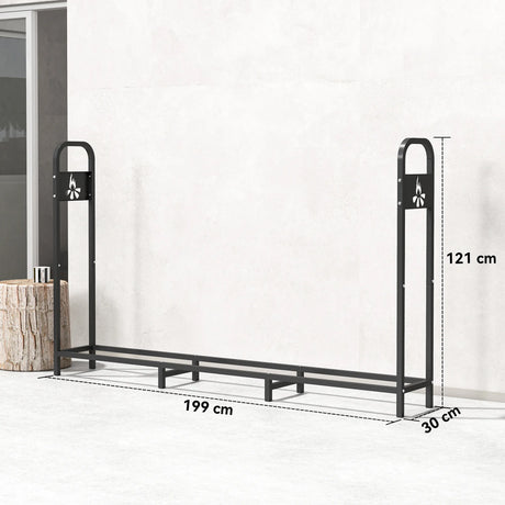 Outsunny 6.5 FT Steel Firewood Log Rack with 300 kg Capacity, Heavy Duty Indoor Outdoor Fireplace Wood Storage Shelf, Log Holder/Stand with Extra Support Legs, Decorative Bonfire Pattern, Black